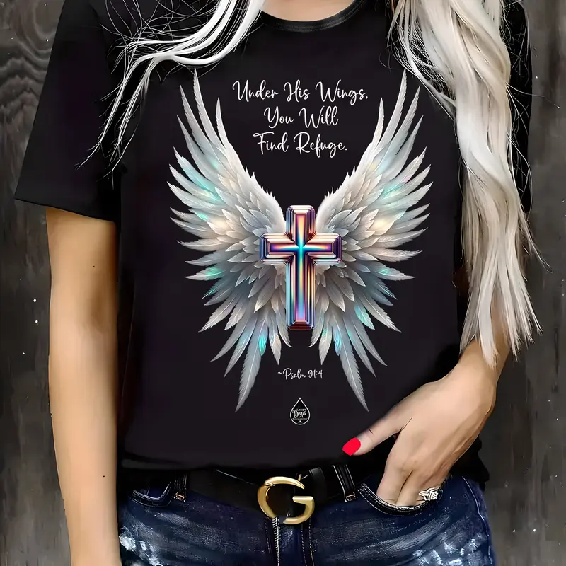 Plus Size Women'S Casual T-Shirt with Inspirational Cross & Angel Wings Graphic - Round Neck, Short Sleeve, Slightly Stretch Knit Fabric, Comfortable All-Season Top for Casual Attire, Ladies T Shirts