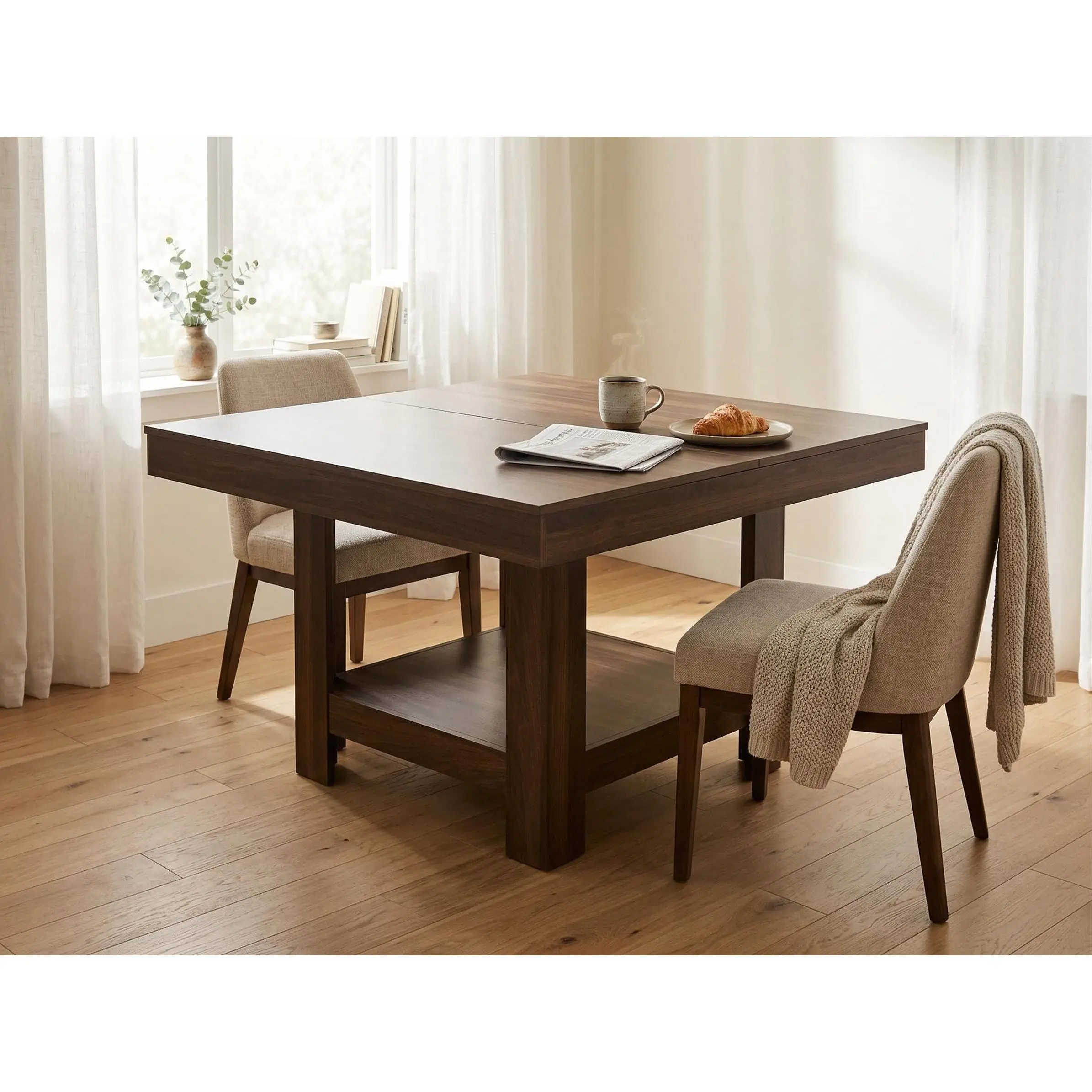 Garvee Modern Triangle Leg Square Dining Table - MDF and PB Construction, Space-Saving Compact Design, Wooden Finish, Storage-Equipped Kitchen Tableware Piece