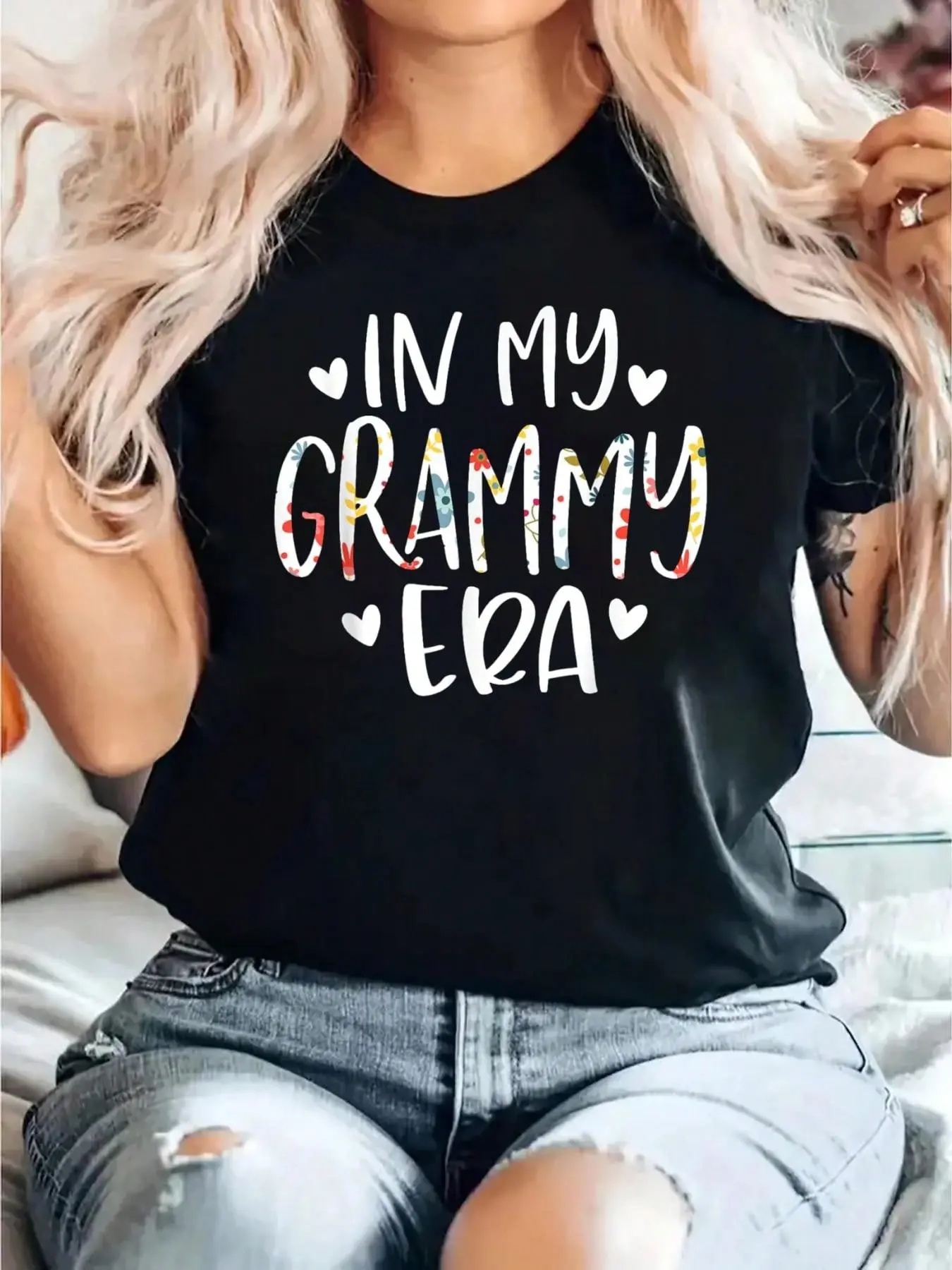 Women's 100% Cotton In My Grammy Era Flower Letter Casual Lady T-Shirt - Loose, Round Neck, Short Sleeve, Breathable Comfort Fit, Stylish Floral Grammy Gift Top For All Seasons, Style, Tshirt, Cotton Fabric Women's T-Shirts, Classic Crew Neck, Easy On, Ja