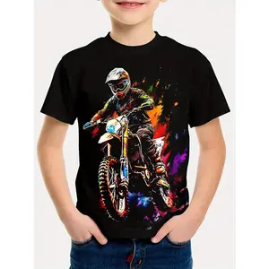 Boys Energetic Motorcycle 3D Print T-Shirt Short Sleeves, Lightweight and Comfortable Casual Summer Top, Colorful Dirt Bike Design, Round Neck, Machine Washable Cotton Fabric, Suitable for Kids to Play Outdoors