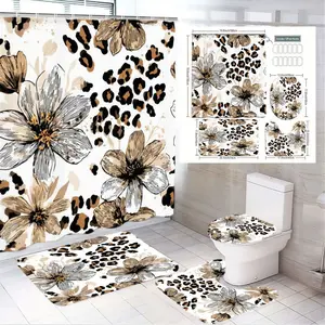 1/4pcsBoho Leopard Floral Removable Shower Curtain Set with Bath Mat Toilet Cover - Brown Beige Black Large Flowers & Leopard Spots Bathroom Decor, Perfect for Spring Summer Festive Home Styling