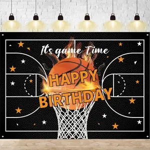 Basketball Happy Birthday Banner, It's  Time Birthday Banner Backdrop,  Theme Photography Background, for Boys, , Basketball Party Decorations, Photo Booth Background