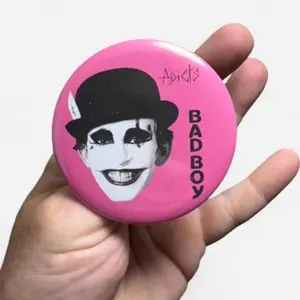 The Adicts Large 3" Punk Button - Pink with "Badboy" Text and Black Hat Design