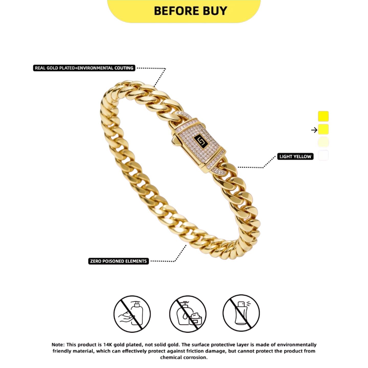 14K Gold Plated Luxury Bracelet Waterproof Fade-Resistant Non-Allergenic 6mm 8mm 10mm 12mm 14mm Sizes for Casual Business Leisure