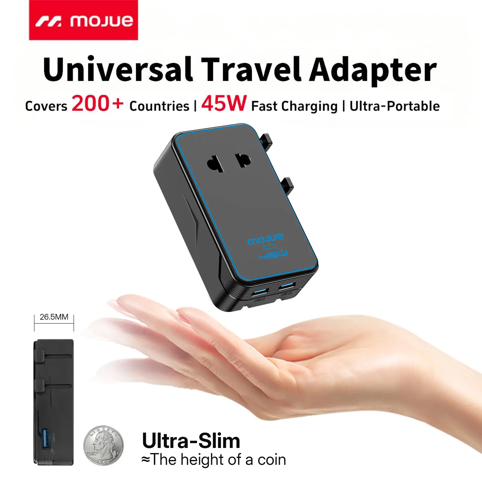 MOJUE 45W PD Ultra-Slim Universal Travel Adapter 2026 – 4-Port USB-A/USB-C International Power Adapter, Worldwide Plug for EU/UK/AU/Asia, Multifunctional Travel Essentials for 200+ Countries