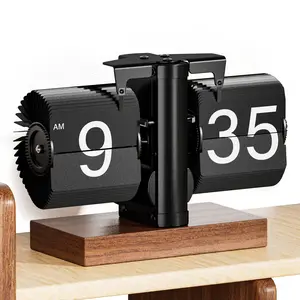 Retro Analog Flip Down Clock, Mechanical Digital Flip Desk Clock Vintage, Classic Flipping Table Clock Battery Powered Internal Gear Operated with Black Walnut Base for Home Office Decor
