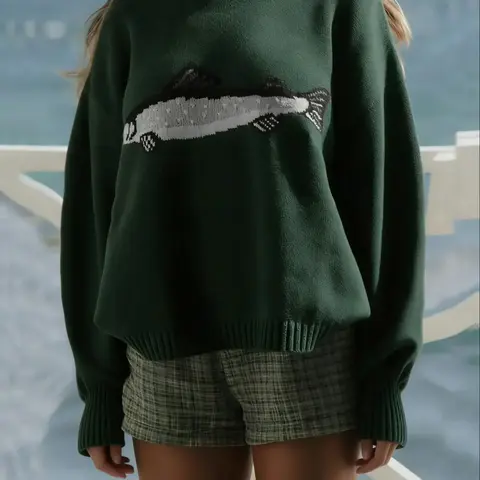 Women's Fish Shark Animal Pattern Y2K Long Sleeve Round Neck Loose Fit Vintage Casual Knitted Graphic Crewneck Sweater Pullover, Casual Everyday Spring & Fall Fashion, Moderate Fabric Thickness, Oversized Knitwear Womenswear, Fashion Knitwear Clothing