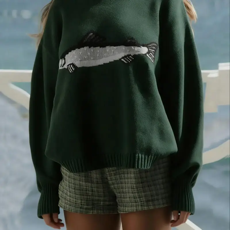 Women's Fish Shark Animal Pattern Y2K Long Sleeve Round Neck Loose Fit Vintage Casual Knitted Graphic Crewneck Sweater Pullover, Casual Everyday Spring & Fall Fashion, Moderate Fabric Thickness, Oversized Knitwear Womenswear, Fashion Knitwear Clothing
