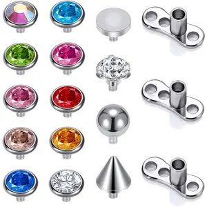 14/15PCS Cubic Zirconia Dermal Anchor Tops 2mm 3mm 4mm, 14G Surgical Steel Internally Threaded Dermal Anchor Base Microdermals Piercing for Women Men