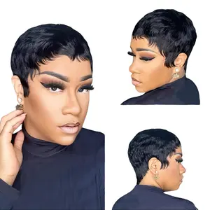 Women's 100% Real Human Hair T-Part Lace Wig, 4-Inch Pixie Cut, Basic Straight Style, 150% Density, Machine-Made, Rose Net Cap, Glueless Comfort Fit, Ideal for African American Women