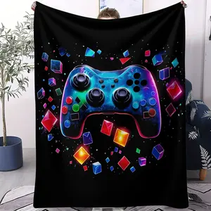Dazzling Colorful Square Video Game Theme Flannel Blanket, Game Console Printing Warm Blanket, Fashionable Blanket Designed for Hip and Cool Youth, Suitable for Sofa, Bed Car, Car and Office Use, Soft and Lightweight Warmth