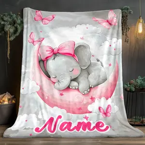 [Personalized Elephant Blanket] 1pc Personalized Elephant on the Moon Blanket - Custom Name Soft Flannel Throw, Lightweight 280gsm All-Season Cozy Blanket for Bed, Sofa, Travel, Camping - Birthday or Housewarming Gift for s, Women, Elephant Lovers -