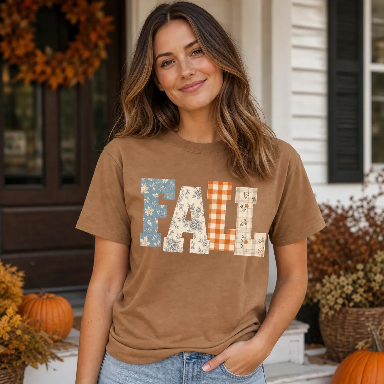 Pumpkin Head Witch Hat T-Shirt, Cute Fall Patchwork Graphic Tee for Women, Halloween Autumn Shirt