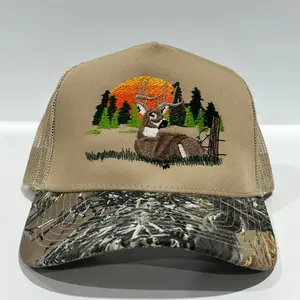 Deer Scenery Khaki Mesh CAMO Camouflage Brim SnapBack Trucker Hat Deer Hunting Cap Custom Embroidered