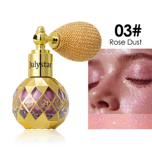 Body glitter spray, a sparkling highlighter powder with a vintage perfume bottle design, long-lasting shine suitable for face, hair, body, festival, and party makeup