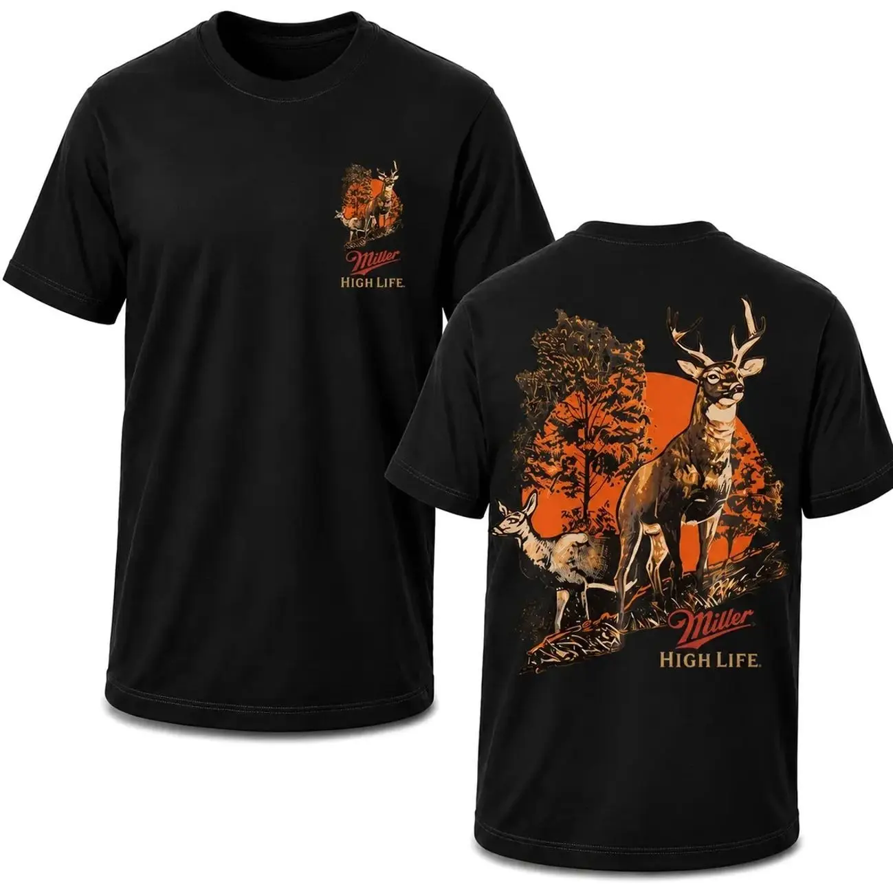 Miller High Life Deer Hunting Graphic T-Shirt, Vintage Buck Outdoor Beer Lover Tee, Rustic Wildlife Hunting Shirt, Front and Back Print Casual Cotton Summer Top for Men AX