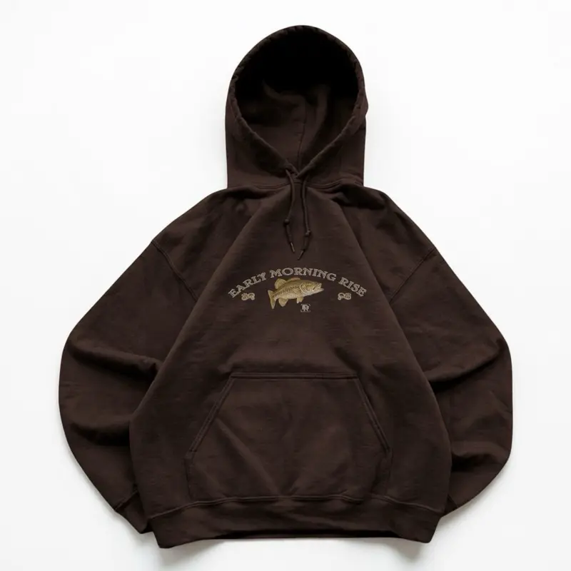 Women’s Brown Fishing Graphic Hoodie - Vintage Baggy Fit Outdoor Streetwear, Early Morning Rise Bass Fishing Sweatshirt, Fisherman Gift, Cabin Core Earth Tone Fall Pullover, Cozy Lake Trip Skater Layer, Standard, Casual Wear, Drawstring Hood, Front Pocket
