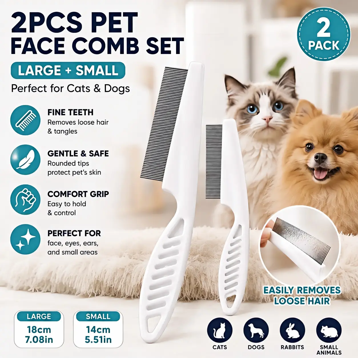 Pet Comb and Flea Comb Set (Suitable for Pets of All Sizes), Fine-Tooth Stainless Steel Grooming Comb, Removes Shed Hair, Eliminates Fleas and Lice, Prevents Hair Loss, Pet Supplies, Small and Large Sizes (2-Piece Set)sohochic