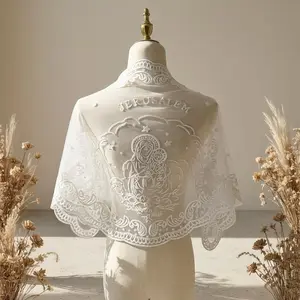 1/2pcs Classic  and Print Flocked Embossed JERUSALEM Triangle Scarf, Veil,  Shawl, Sheer Mesh Fabric, Pure Vintage Wrap, Church Worship Prayer Attire, Fashion Accessory, Wedding Party Wear, Mother's Day Gift, Holiday Present, Souvenir Scarf