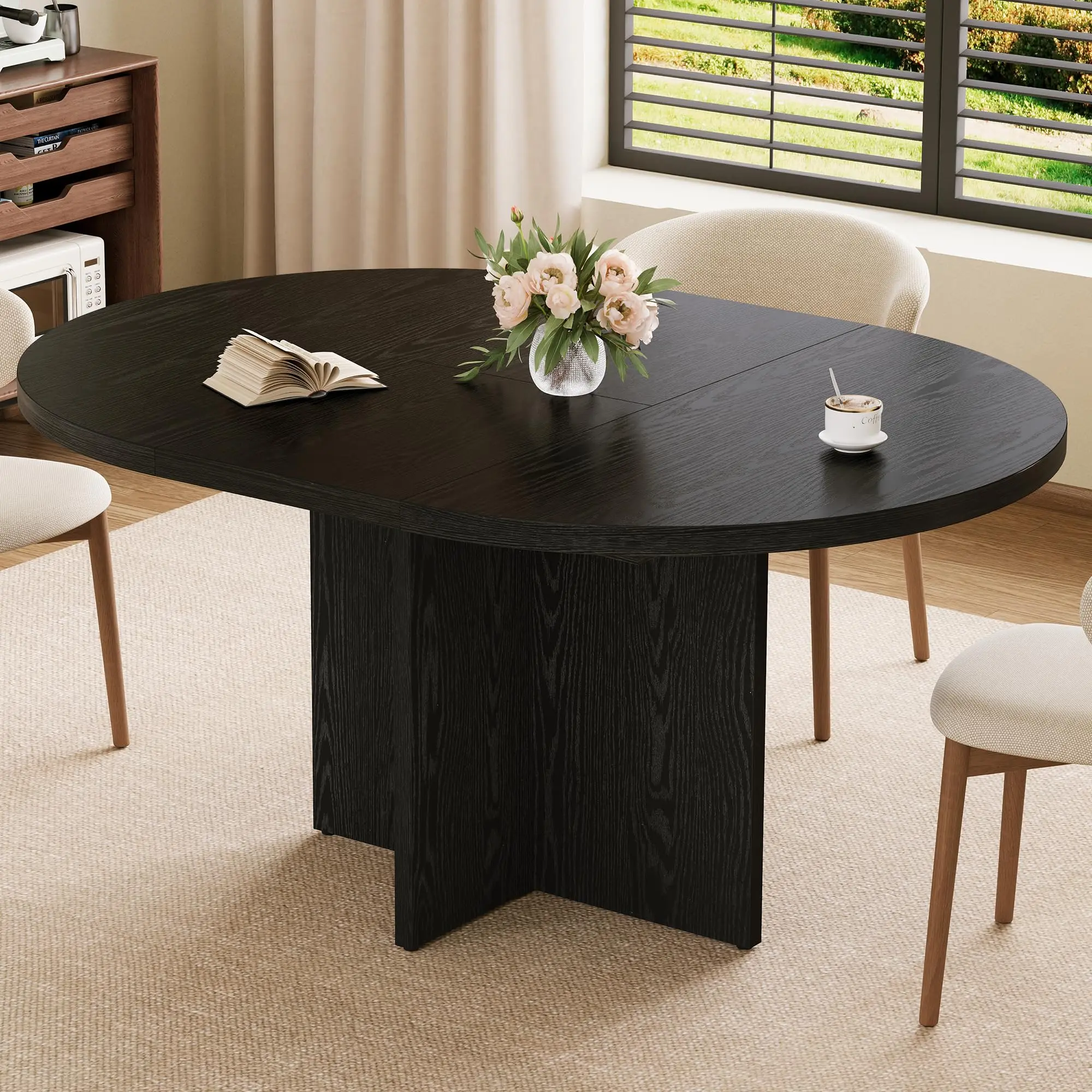 Garvee 43.3''-59'' Extendable Round Dining Table for 4-8, Modern Kitchen Oval Dining Table with Removable Leaves, Dinner Table for Dining Room, Kitchen, Living Room, Black