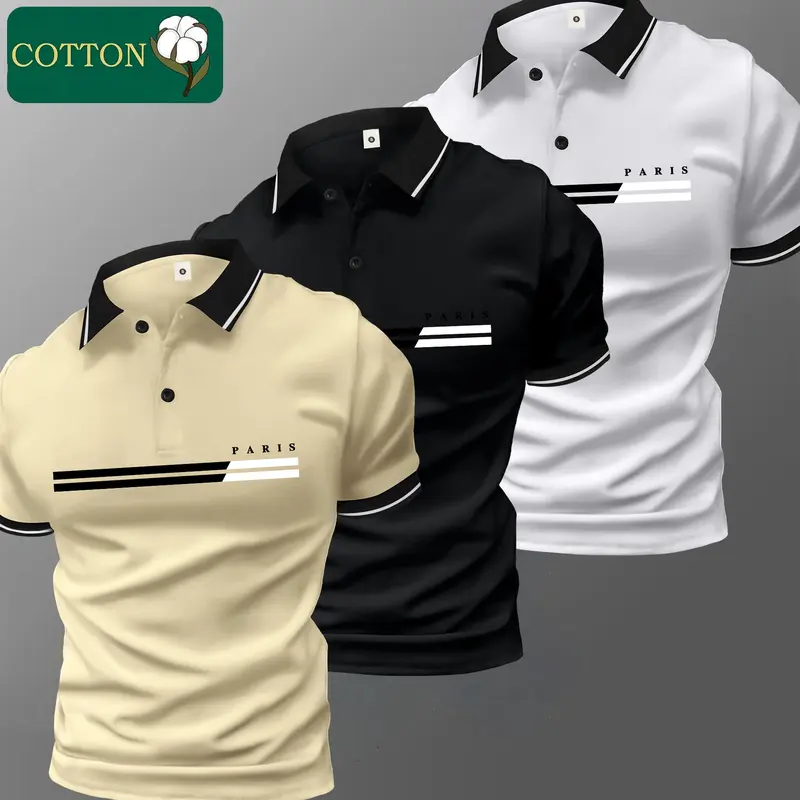 Men's Fashion Fitted Short-Sleeve Printed Cotton Polo Shirt Set - Turn-Down Collar, Button-Closure, Skin-Friendly Fabric, Casual, All Seasons, Back-to-School Outfits, Wedding-Ready Menswear Top