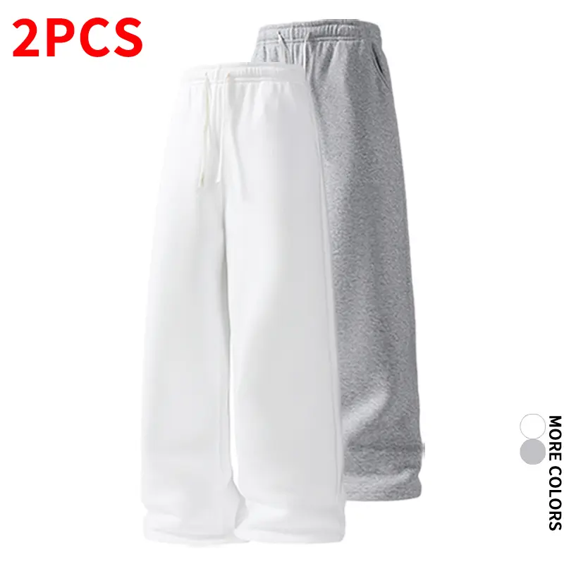 Two-pack solid-color knit wide-leg sweatpants with drawstring, elastic waistband, and a fluid drape; straight-cut athletic long pants for home, commuting, and casual wear.