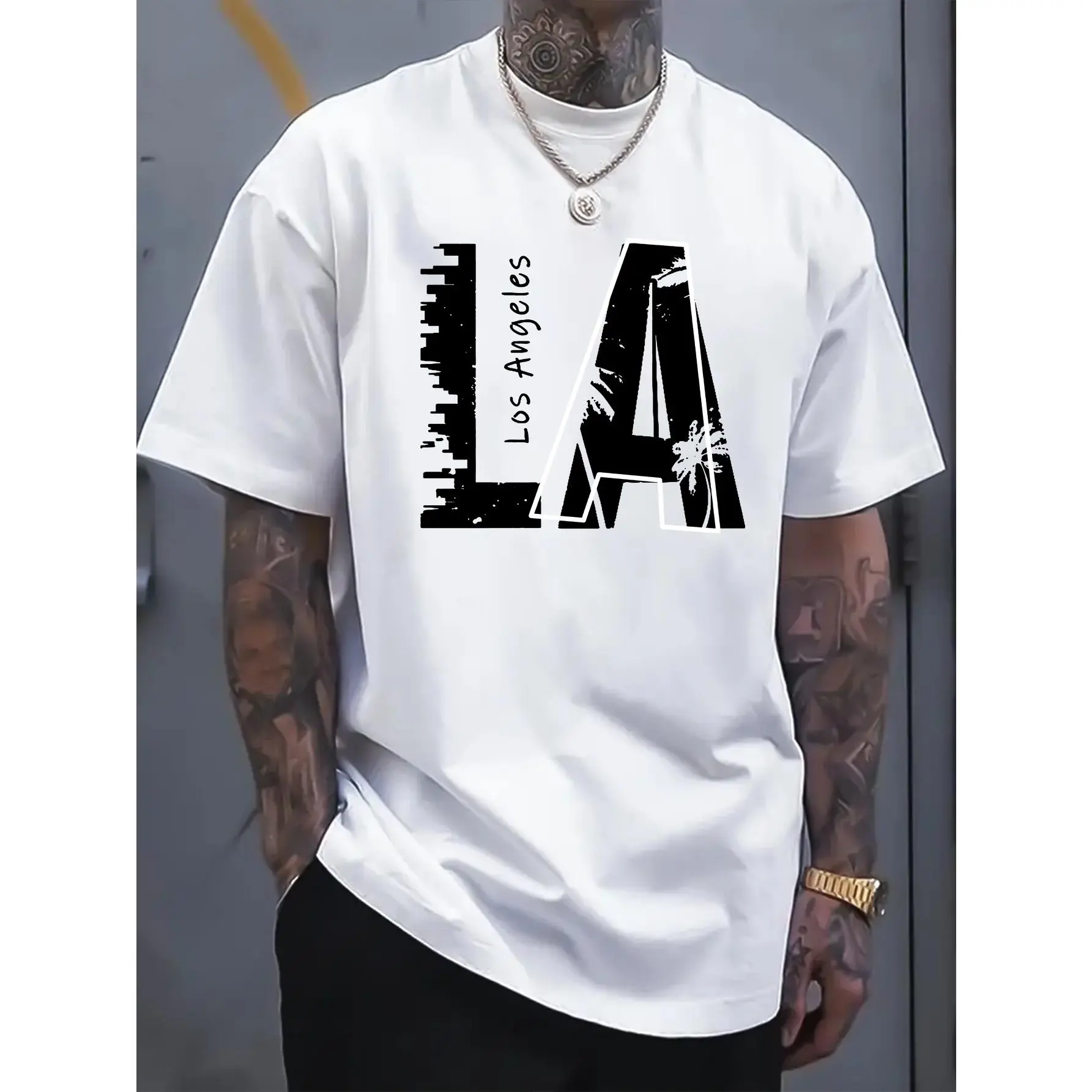 Unisex Los Angeles Graphic Street Tee, 200g Cotton Loose-Fitting U-Neck Short-Sleeve Tops, Breathable UV-Protection Casual Plus Sizes Sporty Chic Anti-Odour Figure-Flattering Machine-Washable Sportswear