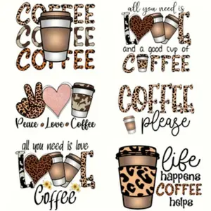 6-Piece Trendy Coffee Theme Vinyl Iron-On Transfer Set, DIY Fashion Application, Multifunctional Heat Press Decoration Stickers for T-Shirts & Backpacks