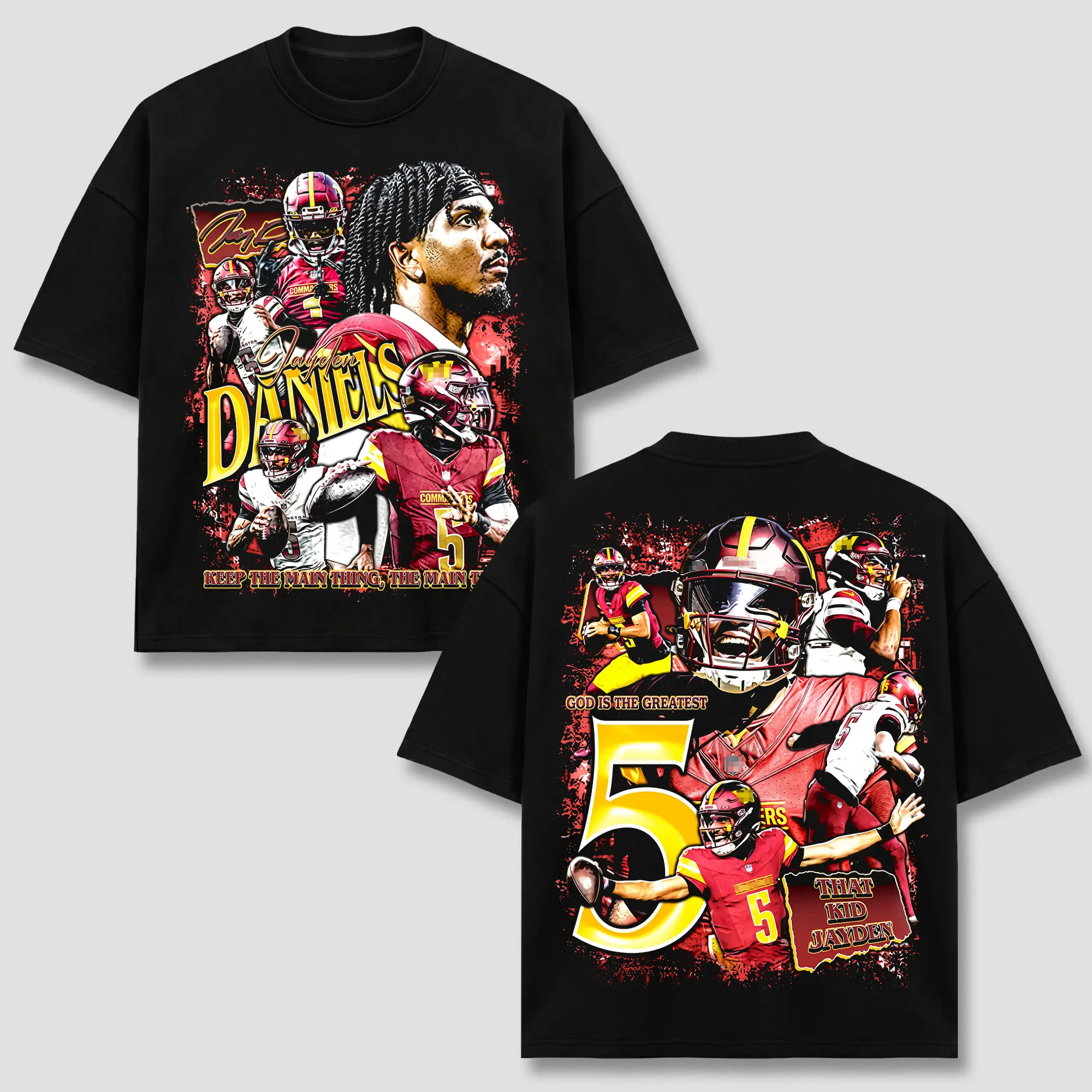 Jayden Daniels #5 T-Shirt, WAS Cmdrs QB Football Player Merch, That Kid Jayden God Is The Greatest Burgundy Gold Vintage Graphic Apparel, Retro 90s Bootleg Sports Wear, Footbal Fan Gift, Men Women Heavyweight Oversized Black Top