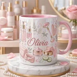 Custom Skincare Lover Name Mug, 2D Printed 3D Effect Ceramic Coffee Cup, Pink Spa Self Care Roller Serum Gua Sha Design, Personalized Gift for Estheticians, Beauty Lovers, Birthday Christmas Gift