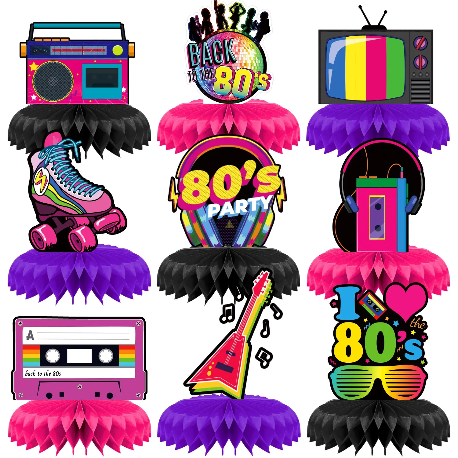 9 Sets Disco 3D Centerpieces, Retro 80s Party Decorations, Neon Night Club Birthday Props, Vintage Hip Hop Supplies, Decorative Props, Festival Decorations, Festive Decoration