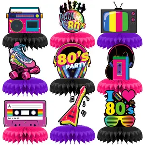 9 Sets Disco 3D Centerpieces, Retro 80s Party Decorations, Neon Night Club Birthday Props, Vintage Hip Hop Supplies, Decorative Props