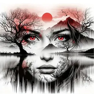 1PCS Diamond Painting Kit Red Eye Girl with Mountain Sunset Landscape DIY Rhinestone Art for Home Decor