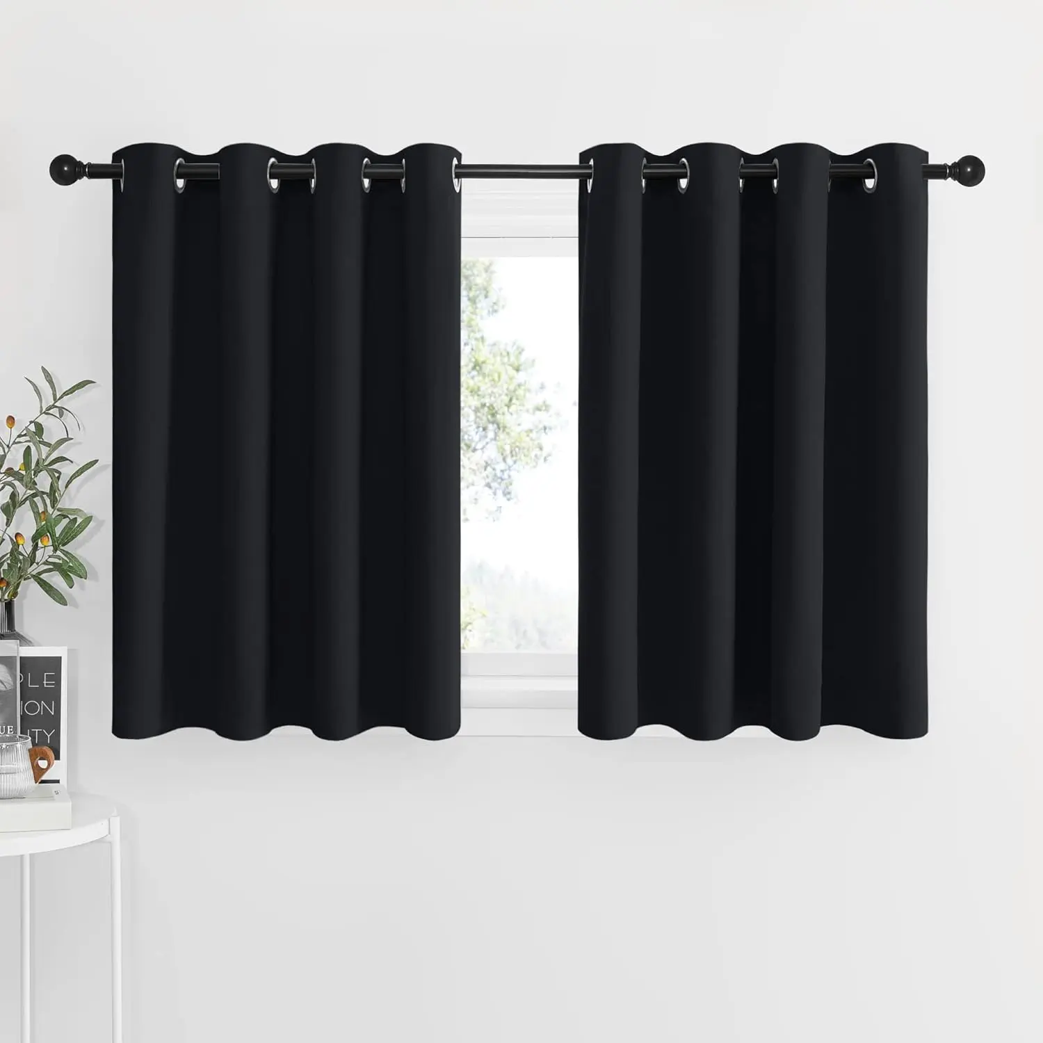 NICETOWN kitchen curtains for small windows, 2-panel set; short black blackout curtains for café/bar; thermal insulated drapes for bathroom privacy; suitable for basements, RVs, and campers.