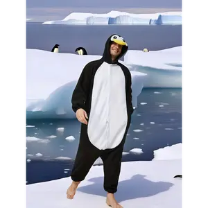 Adult Men'S Hooded Penguin Onesie Pajamas, 100% Polyester Thickened Warm Animal Costume, Embroidered Loose Fit Solid Color for Fall/Winter, Halloween & Christmas Party Funny Outfit Long Sleeve Oversize Loungewear Menswear Black Nightwear