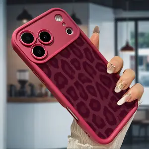 Case for iPhone 17 Air 16 16E 15 14 Pro Max 13 12 11 X XS Plus Burgundy Leopard Drop Protection Shockproof Soft Silicone smartphone Cover Handle Cellphone