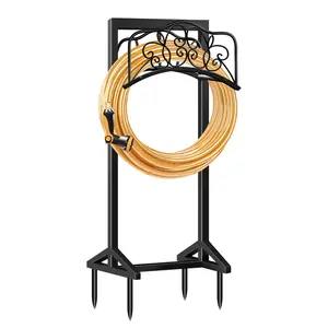 Heavy Duty Metal Garden Hose Reel Holder Detachable Design for Easy Assembly Outdoor Storage Rack for Patio Garden Lawn Black
