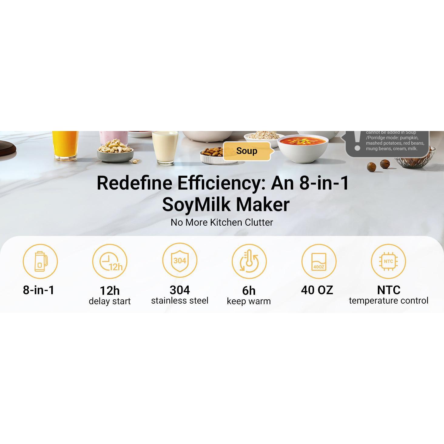 Bear 8-in-1 Nut Milk Maker, 40oz/1.2L Capacity, Self-Cleaning Kitchen Appliance with 12H Delay Start, 6H Keep Warm, 1-Touch Function for Plant-Based Drinks, Smoothies, Soup