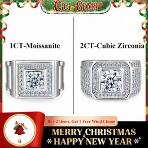 1CT Moissanite Men's Ring 2CT CZ for Man D VVS1 18K White Gold Plated Lab-Created Hypoallergenic Anniversary Birthday Gift HipHop Rapper Party Fine Jewelry