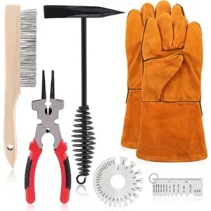 7Pcs 10 Inch Scratch Wire Brush Welding Hammers Slag Removal Tool with Metal Sheet Thickness Gauges, 8 Inch Welding Plier and 10 Inch Welding Chipping Hammer with Steel Coil Spring Handle