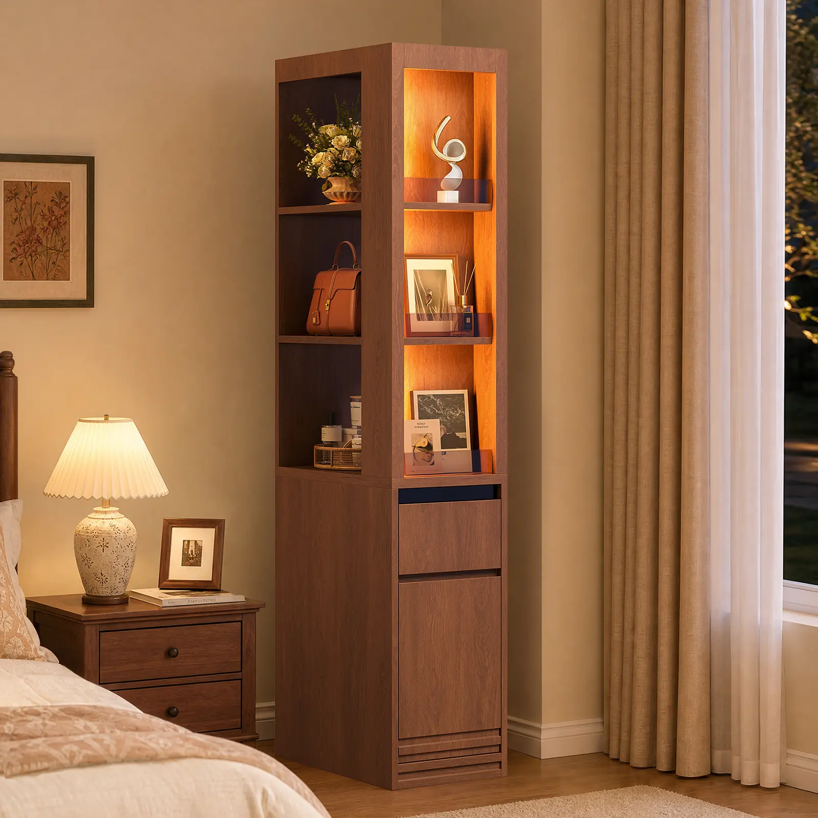 Sikaic Narrow Bookshelf with LED Display Shelf, Drawer and Cabinet Base, 12 Inch Bookcase with 270° Open Access, Adjustable Shelves, Glass Magazine Display, Home Furniture, Dorm Essentials [tiktokshopbacktoschool]