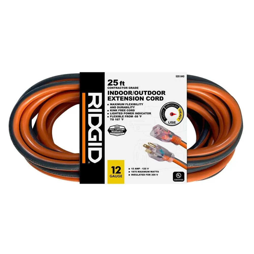 25 ft. 12/3 Heavy Duty Indoor/Outdoor Extension Cord with Lighted End, Orange/Grey