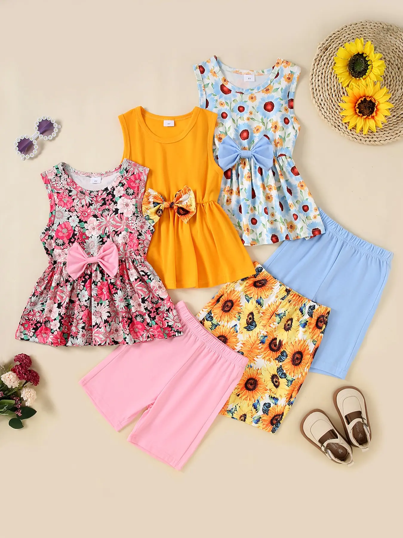 Girls' Casual Summer Six-Piece Set, Cute Bow Flower Print Sleeveless Top & Elastic Waist Shorts, Adorable for Kids, Summer Outfits Set, Floral Print Set, Summer Clothes Set, Fashion Style Sets