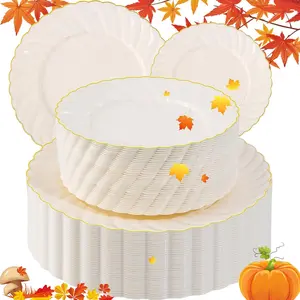 Elegant Ivory Color Fan-Shaped Plastic Plates with Gold Edges, Disposable Dessert Plates 19.05 Cm, Party Tableware for Weddings, Compostable Plates