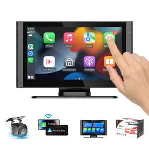 Portable in-car wireless CarPlay device compatible with Apple CarPlay and Android Auto featuring a 7-inch HD touchscreen, supporting MirrorLink Bluetooth 5.0 1080p rearview camera TF card slot AUX input and FM transmitter—suitable for all vehicle models