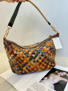 Handmade Woven Genuine Leather Women's Bag Colorful Cowhide Patchwork Crossbody & Shoulder Bag Retro Versatile Design