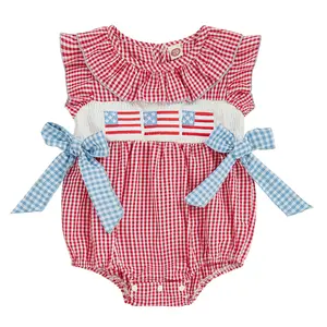 4th of July Baby Girl Outfits Newborn USA Flag Embroidery Smocked Plaid Bubble Romper Peter Pan Collar Bow Onesies Bodysuit