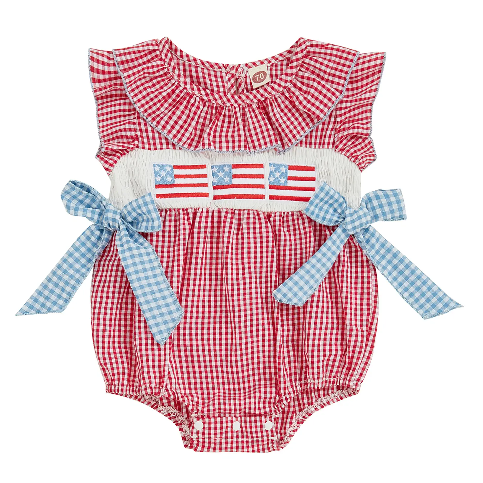 4th of July Baby Girl Outfits Newborn USA Flag Embroidery Smocked Plaid Bubble Romper Peter Pan Collar Bow Onesies Bodysuit