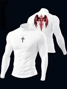 Unisex Gothic Cross & Wing Print High Neck Compression Long Sleeve T-Shirt | Y2K Dark Aesthetic Gym Streetwear Top