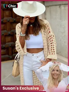 Women's Solid Hollow Out Sheer Open Front Knitted Long Cardigan, Casual Fit Drop Shoulder Long Sleeve Cardigan, Ladies Knitwear Womenswear for Spring & Fall Daily Wear Knitting